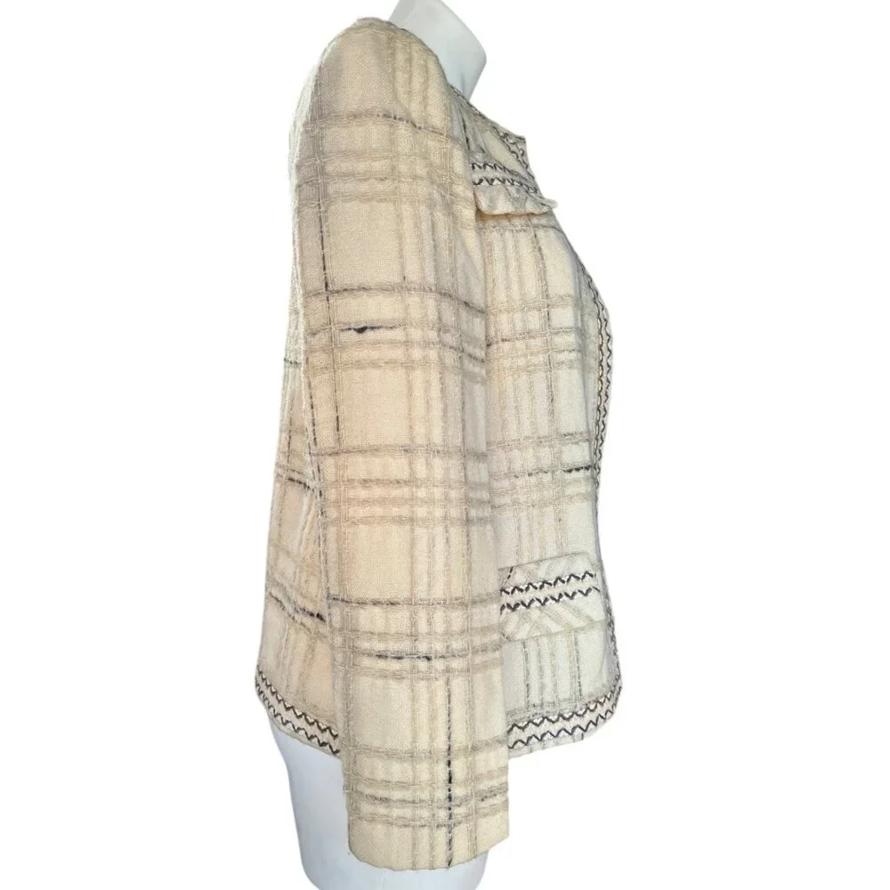 I Magnin & Co Cream & Black Plaid Wool Womens Tweed Blazer Jacket With Front Poc - Picture 4 of 9